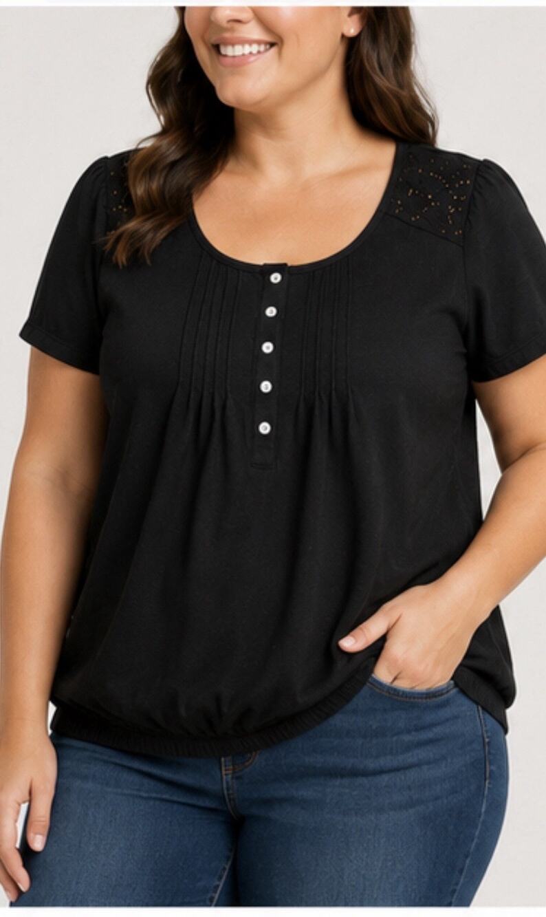 M&Co Women’s Size 20 Black Short Sleeve Blouse Button Front Eyelet Detail